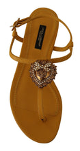 Load image into Gallery viewer, Dolce &amp; Gabbana Mustard T-Strap Flat Sandals with Heart Embellishment
