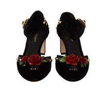 Load image into Gallery viewer, Dolce &amp; Gabbana Black Crystal Rose Heel Sandals
