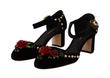 Load image into Gallery viewer, Dolce &amp; Gabbana Black Crystal Rose Heel Sandals
