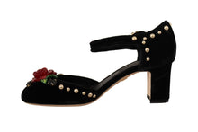 Load image into Gallery viewer, Dolce &amp; Gabbana Black Crystal Rose Heel Sandals
