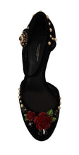 Load image into Gallery viewer, Dolce &amp; Gabbana Black Crystal Rose Heel Sandals
