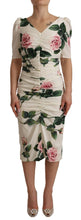 Load image into Gallery viewer, Dolce &amp; Gabbana White Roses Print Stretch Silk Pleated Dress
