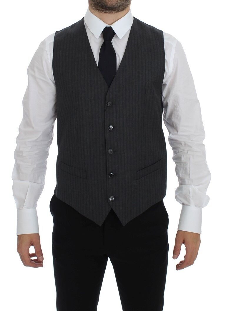 Dolce & Gabbana Gray Striped Wool Single Breasted Vest