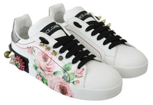 Load image into Gallery viewer, Dolce &amp; Gabbana White Leather Crystal Roses Floral Sneakers Shoes
