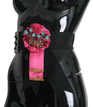 Load image into Gallery viewer, Dolce &amp; Gabbana Black Pink Flower Brooch Crystals Cotton Belt
