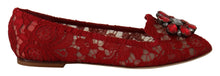 Load image into Gallery viewer, Dolce &amp; Gabbana Radiant Red Lace Ballet Flats with Crystal Buckle
