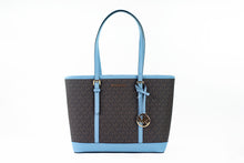Load image into Gallery viewer, Michael Kors Jet Set Travel Small Pale Blue Brown PVC Shoulder Tote Bag Purse
